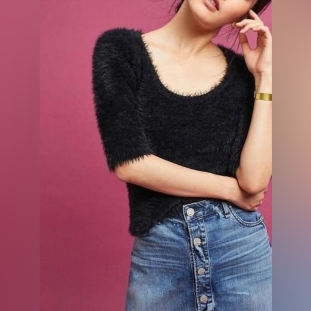 Anthropologie Knitted & Knotted Black Isola Eyelash Sweater medium